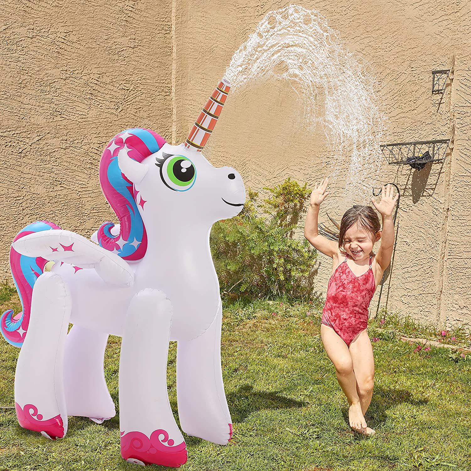 Inflatable Unicorn Yard Sprinkler, Inflatable Water Toy, Unicorn Rainbow Sprinkler for Kids with Wings, Summer Outdoor Fun, Lawn Sprinkler Toy for Kids 2 Pack