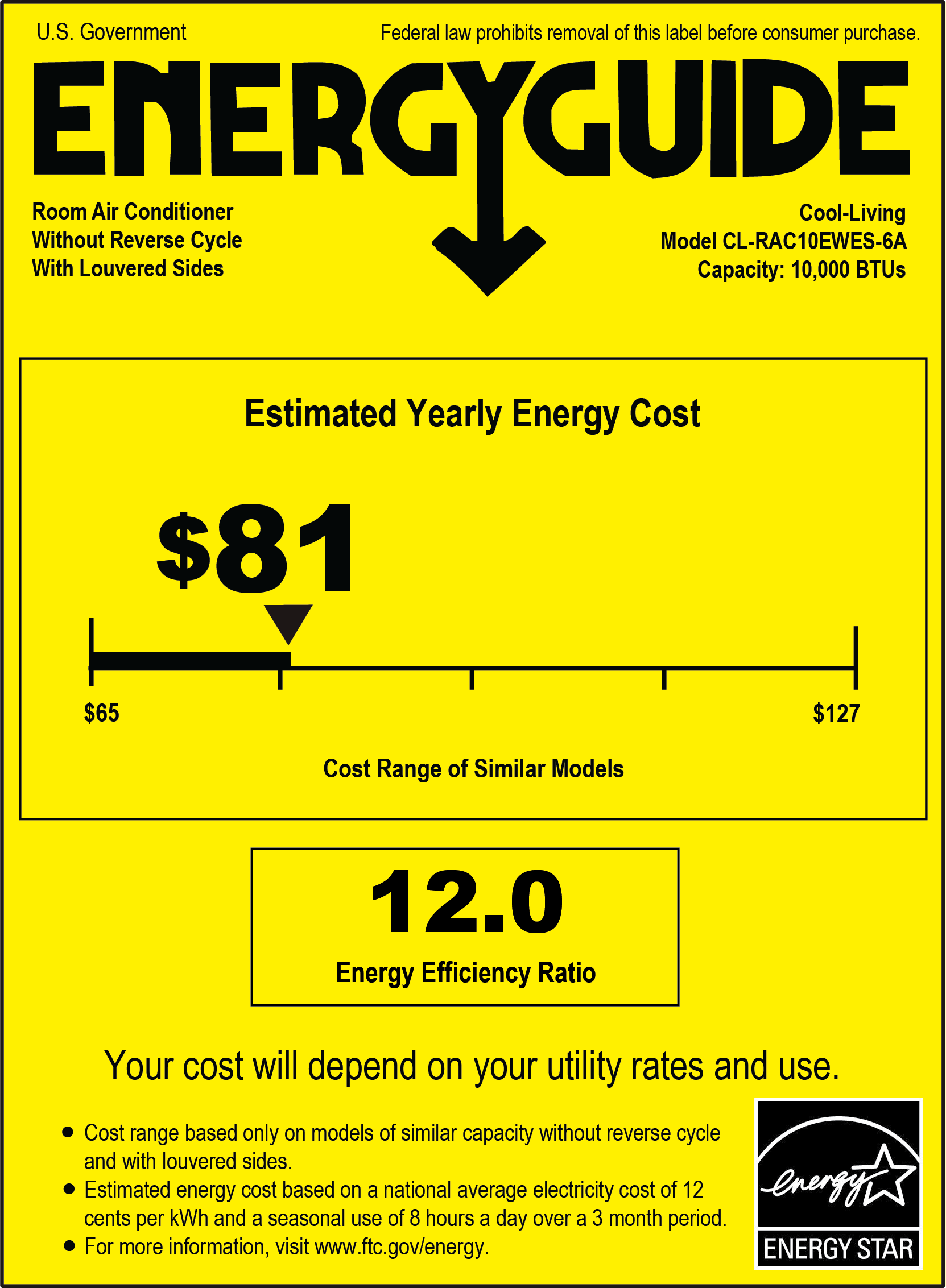 Cool-Living 10,000 BTU 115-Volt Window Air Conditioner, FOB KS