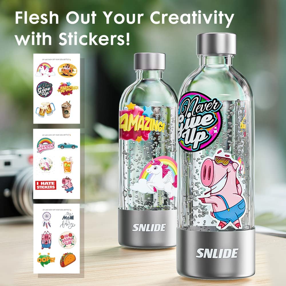 SNLIDE Soda Maker, Soda Water Machine with 1000ML Pet Bottle & DIY Stickers, Easy to Operate, Sparkling Water Maker for Home, with One 60L CO2 Exchange Carbonator