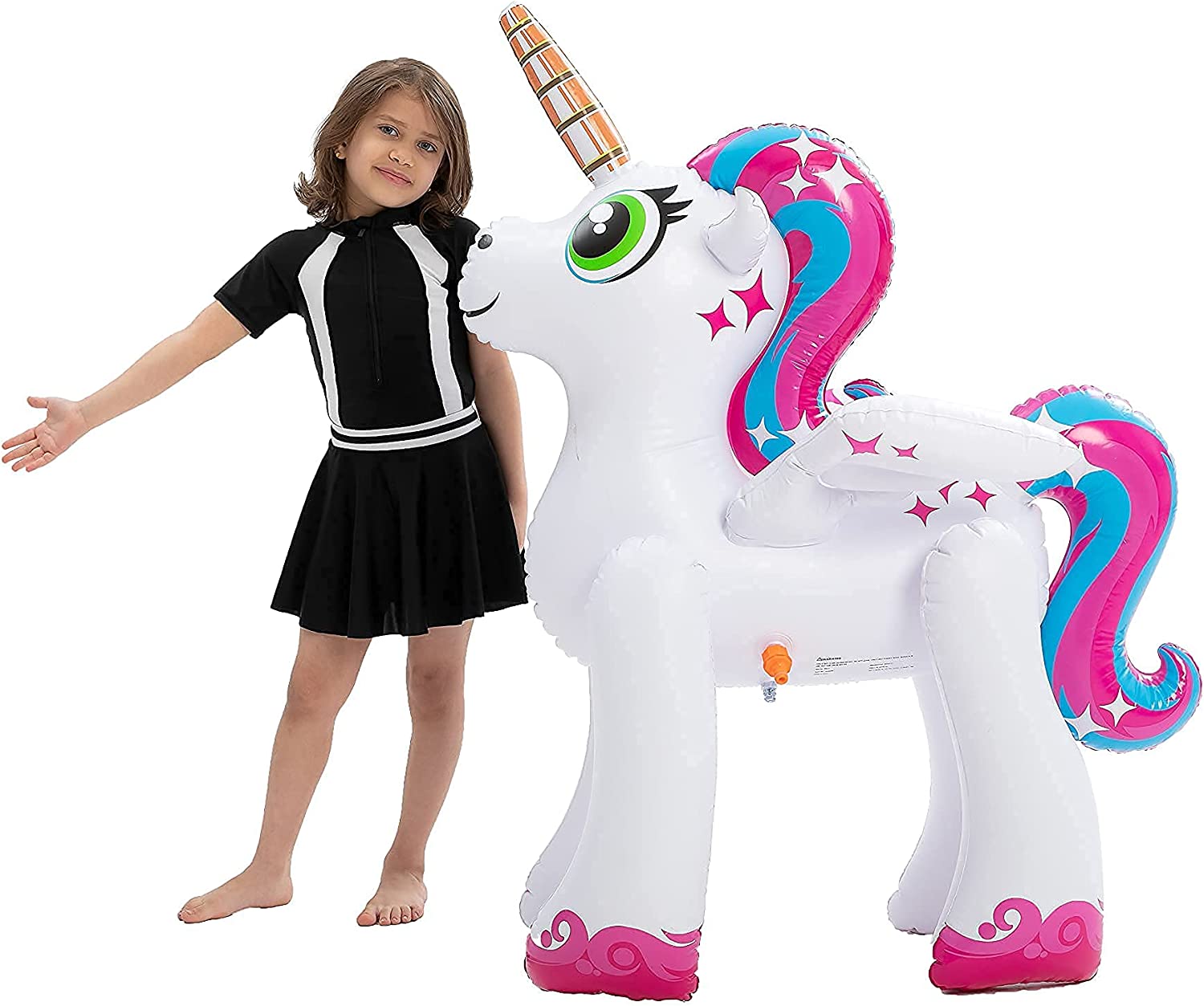 Inflatable Unicorn Yard Sprinkler, Inflatable Water Toy, Unicorn Rainbow Sprinkler for Kids with Wings, Summer Outdoor Fun, Lawn Sprinkler Toy for Kids 2 Pack