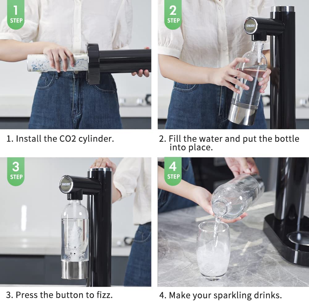SNLIDE Soda Maker, Soda Water Machine with 1000ML Pet Bottle & DIY Stickers, Easy to Operate, Sparkling Water Maker for Home, with One 60L CO2 Exchange Carbonator