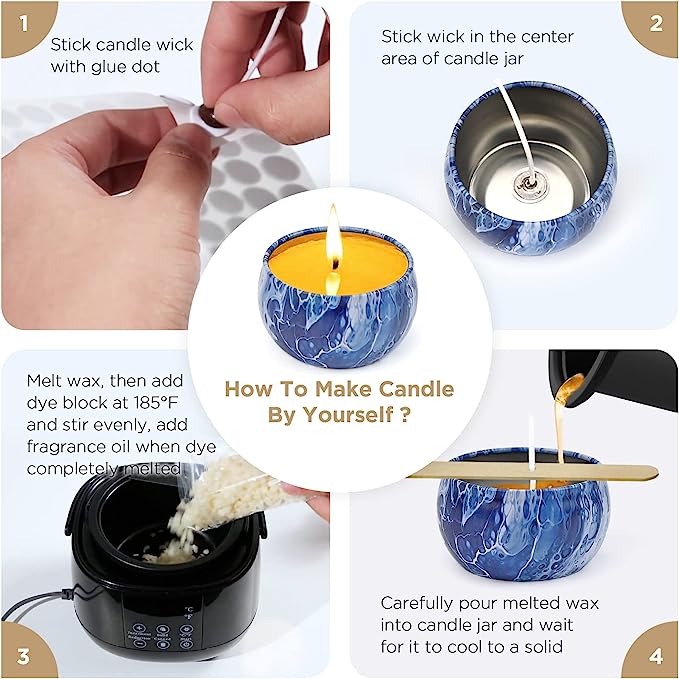 Korkaun Candle Making Kit, Beeswax Candle Making kit for Adults, Candle Making Supplies with Non-Stick Pot and 4oz. Tins, DIY Full Flameless Wax Melter for Candle Making.