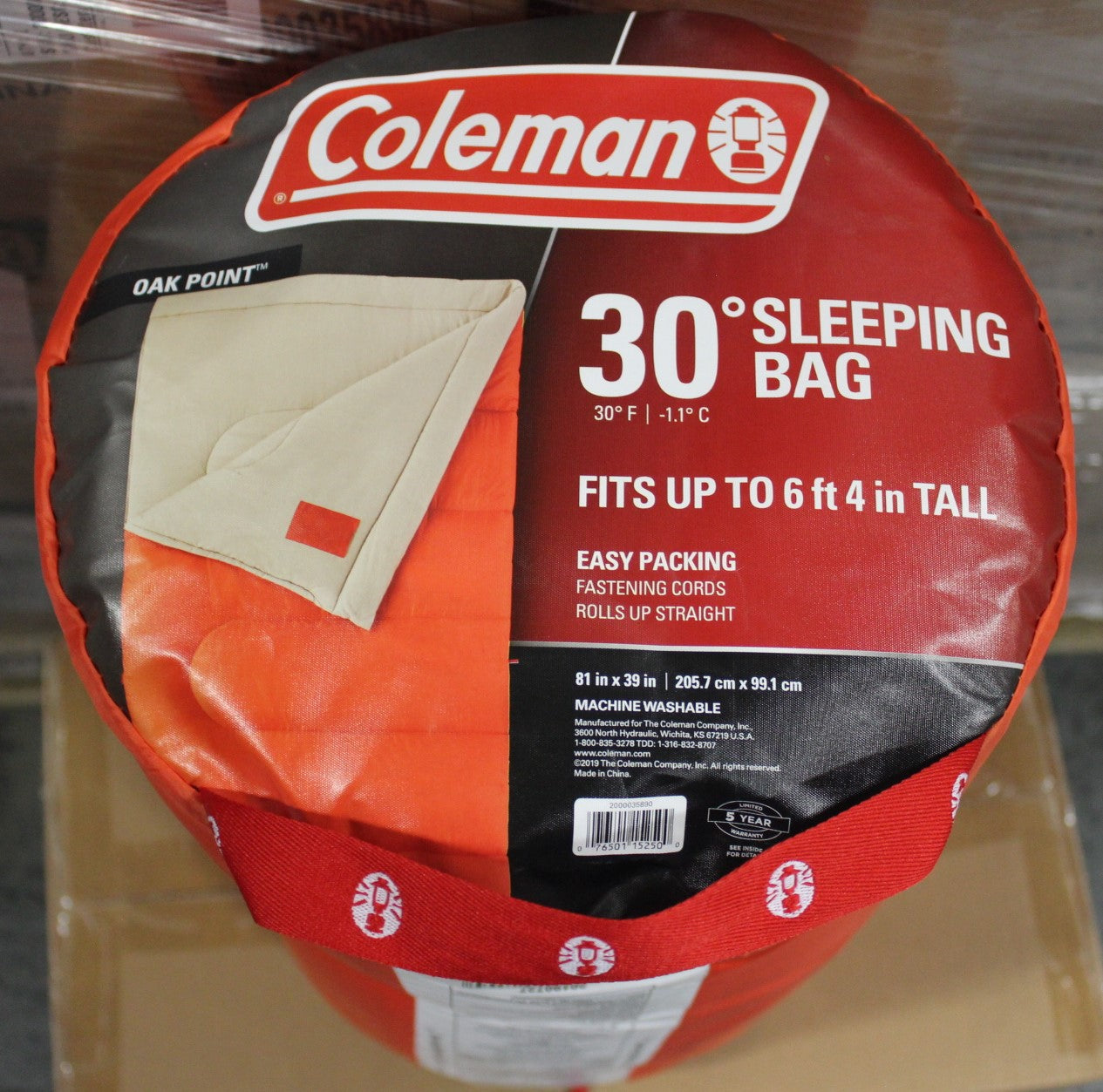 Coleman Oak Point Big & Tall Sleeping Bag, Cool-Weather 30F Sleeping Bag for Adults, No-Snag Zipper with Stuff Sack Included, Machine Washable Fits Adults Up To 6ft 4in Tall Orange