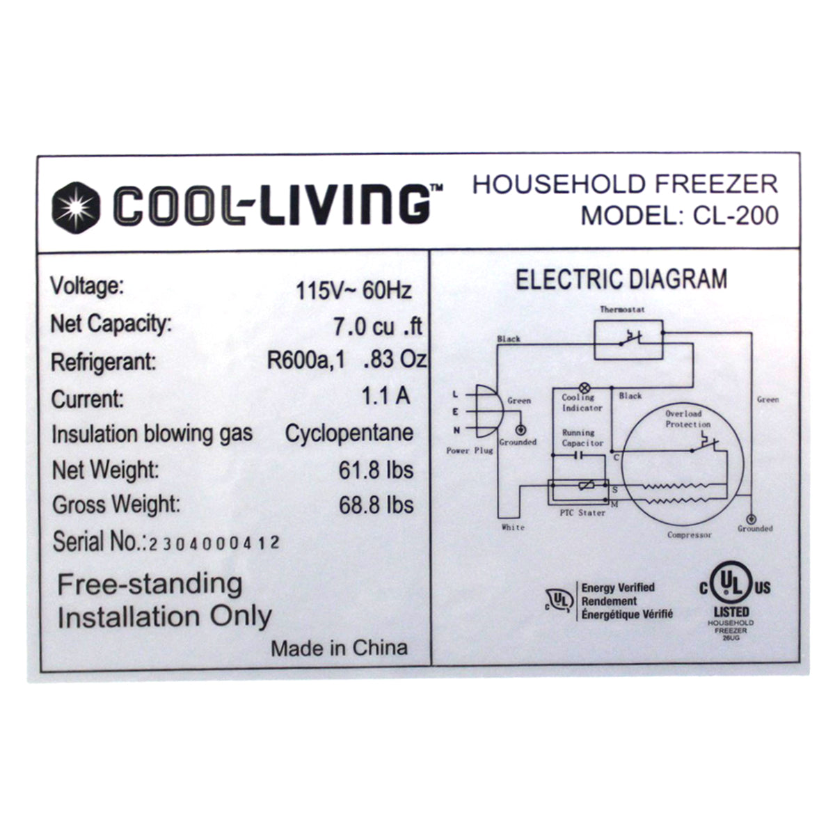 Cool-Living 7.0 Cubic Feet Chest Freezer, White, CL-200C-E