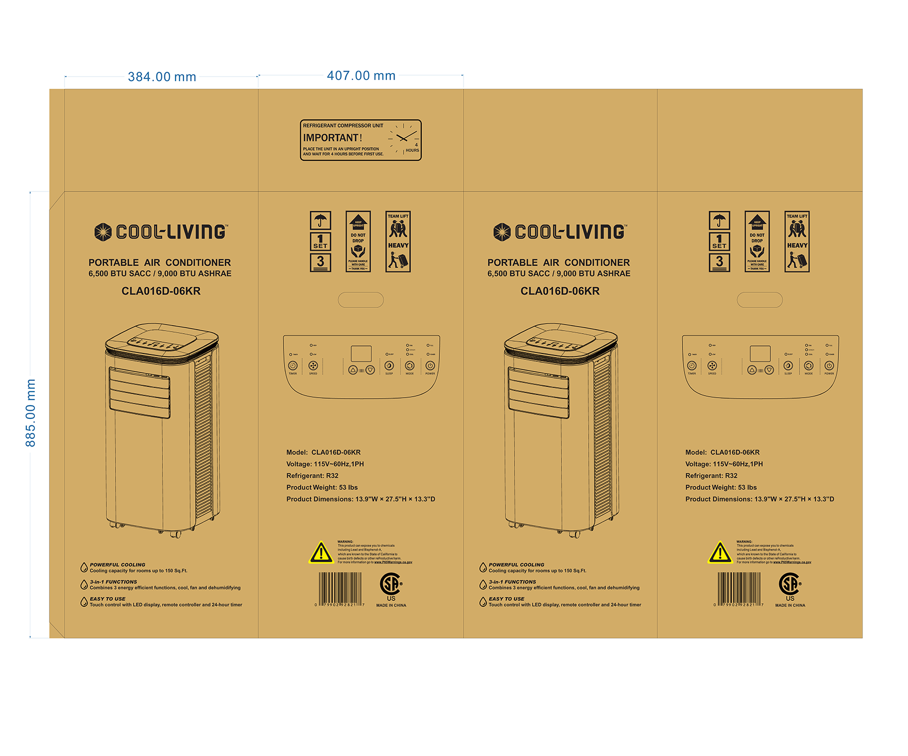 Cool-Living 6500 BTU SACC 9000 BTU ASHRAE Portable Air Conditioner, FOB KS